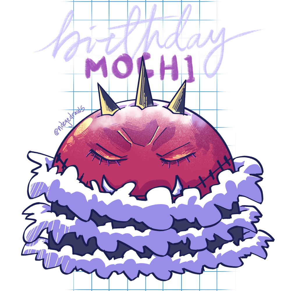 A little doodle of Katakuri Charlotte from One Piece, but I drew him as a fuschia-colored mochi and his iconic fluffy fur scarf, for his birthday today (25 November)