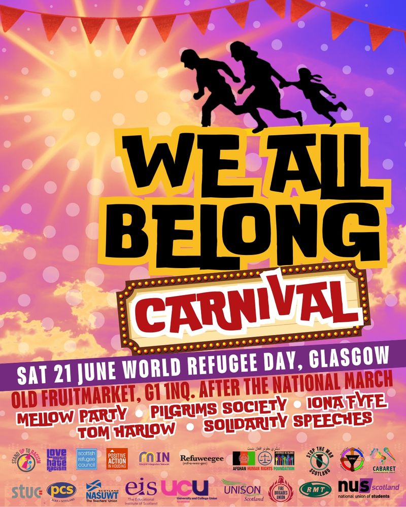 Flyer for 'We All Belong', containing information on the free carnival on Saturday 21 June at the Old Fruitmarket in Glasgow.