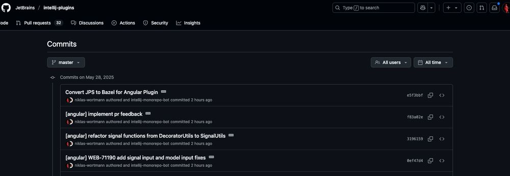 Screenshots of the intellij-plugins github repository showing the commits for implementing the signal inputs quickfix for the Angular Plugin