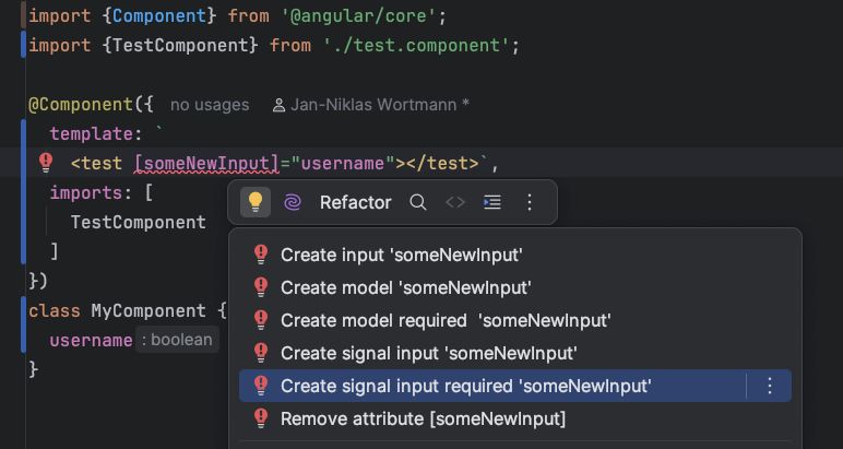 Screenshot of WebStorm showing the new quickfixes for signal input and model input