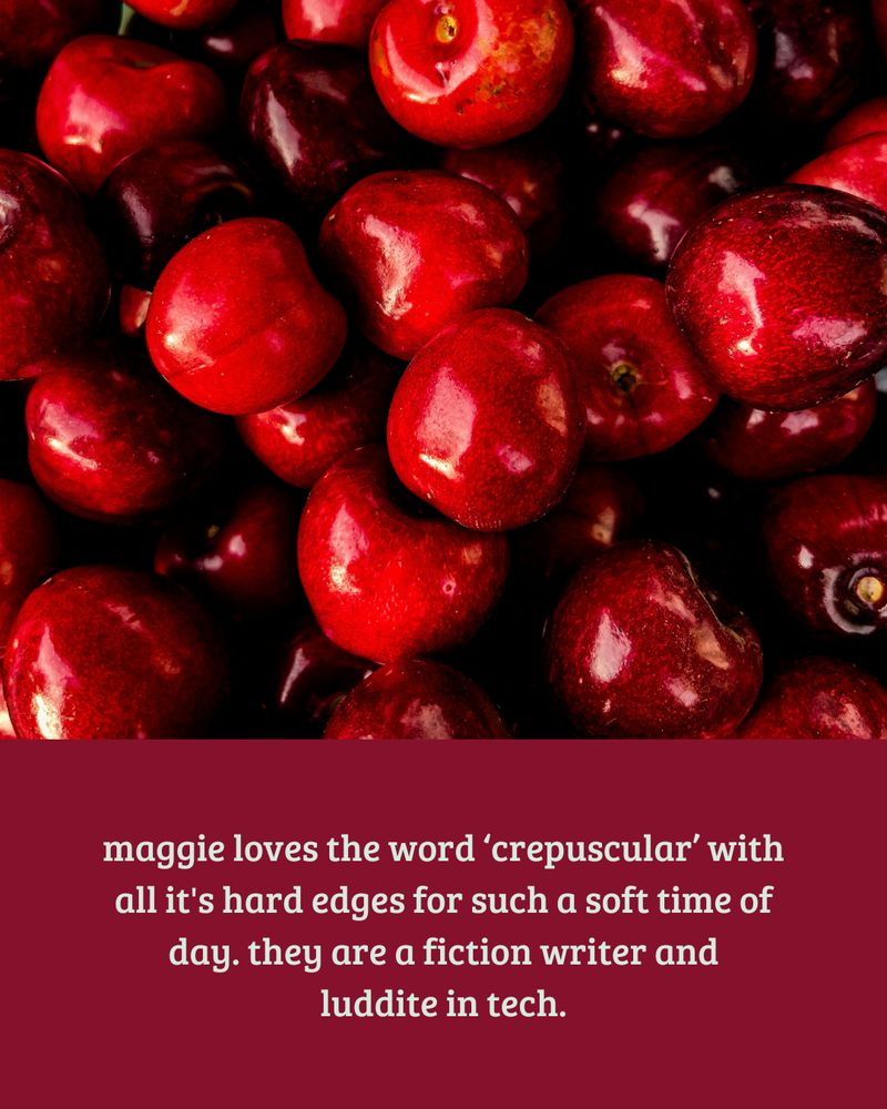 Image of red cherries over text maggie loves the word ‘crepuscular’ with all it's hard edges for such a soft time of day. they are a fiction writer and luddite in tech.