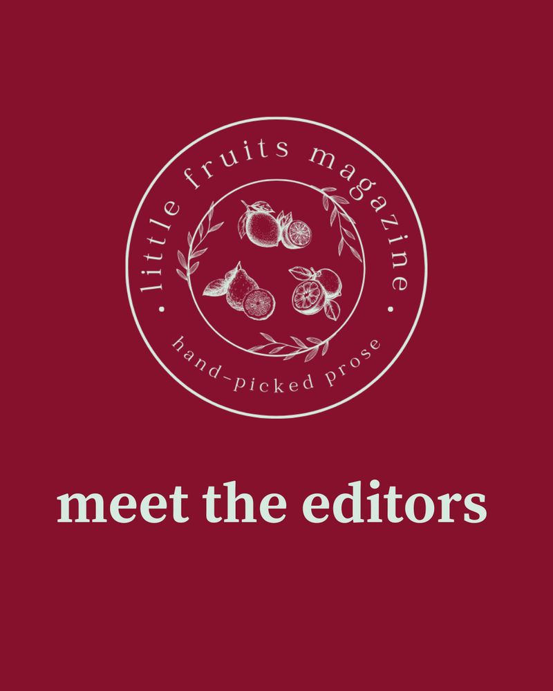 Cranberry red background with circular logo for little fruits magazine with tag-line "hand-picked prose" over the title "meet the editors"
