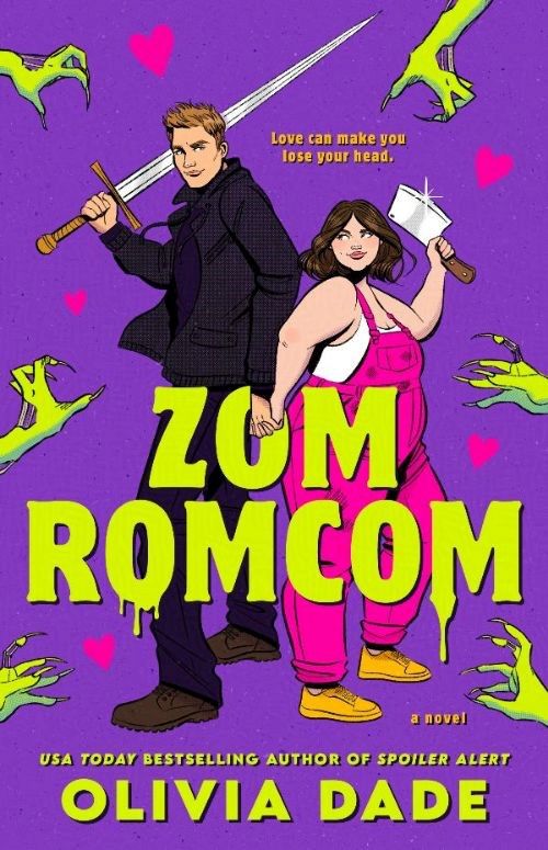 The cover of Zomromcom by Olivia Dade, featuring a plus size woman with brown hair in pink overalls holding a butcher knife standing back to back with a tall blonde man holding a sword. The cover is purple, the title and author name are in yellow, and there’s green zombie hands all over 