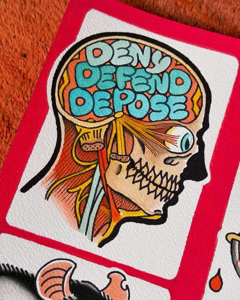 A painting of the inside of a skull, where the brain is says “Deny, Defend, Depose” 