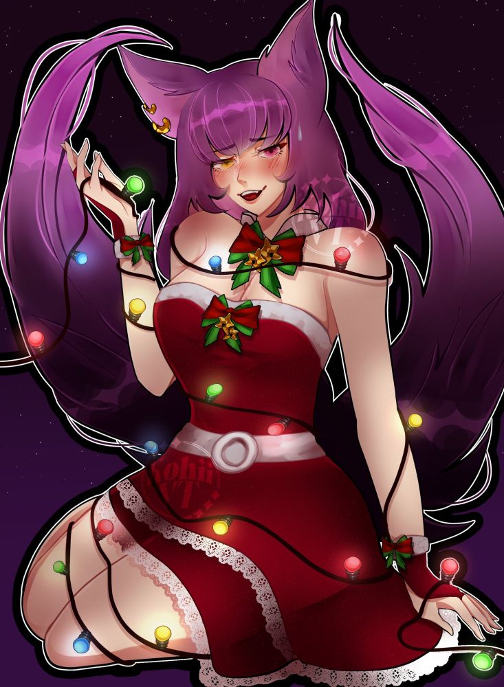 My Vtuber persona looking slightly embarrassed tangled put in holiday lights, wearing a festive dress