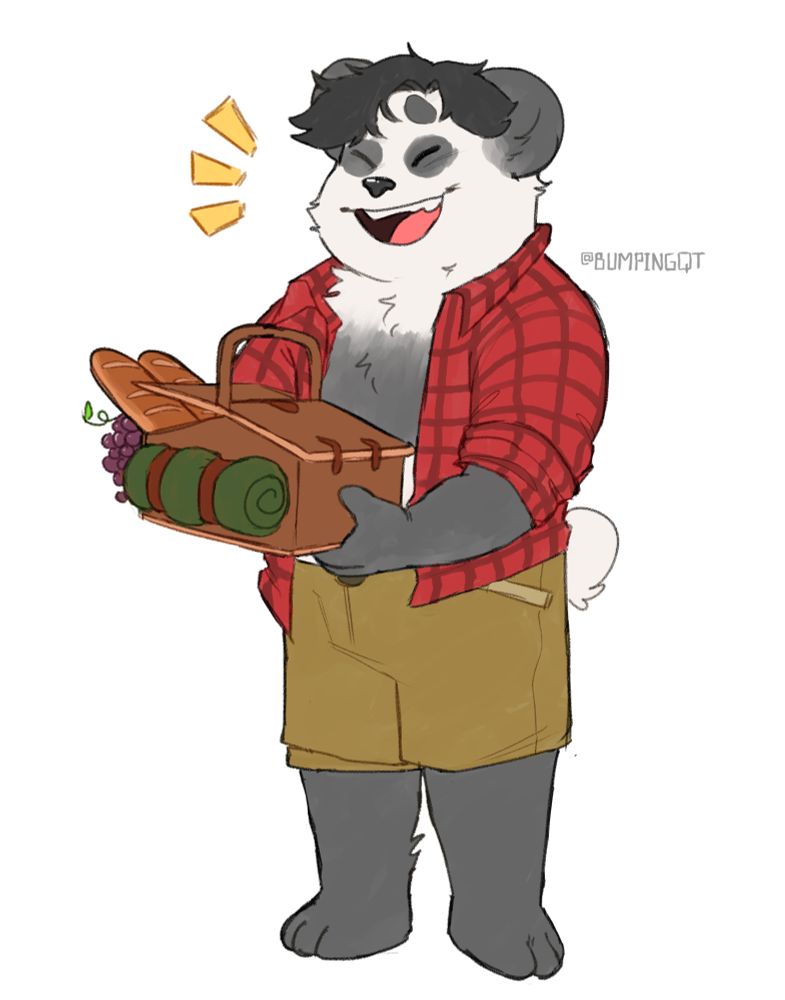 Curiouscat style doodle of Mojo eagerly and happily holding a picnic basket of food. He is looking forward to spending time peacefully with good food and company.  