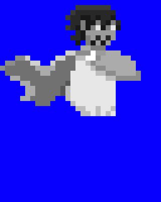 Work in progress pixel art of a man with hair and cape flying in the wind. Only his head, cape and torso are drawn, all in grayscale.