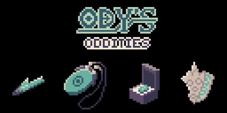 Pixel art drawing featuring the title "Ody's Oddities" and four items: a broken trident blade with dried blood on it, a pendant with an eye in the middle, a box holding a fish scale, and a conch.