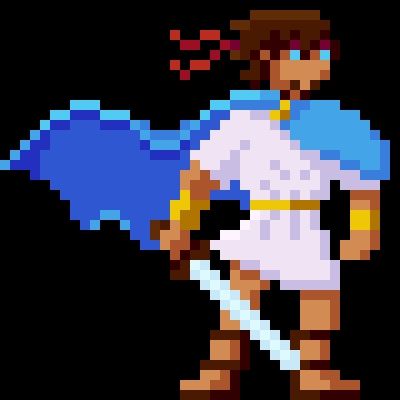 Pixel art drawing of a man with medium brown hair, very short beard, blue eyes and light tan skin. He wears a red bandana, light blue cape and white tunic that all seem to move backwards with a wind, just like his hair. He also wears leather sandals, gold wristbands, a golden belt, and holds a sword.