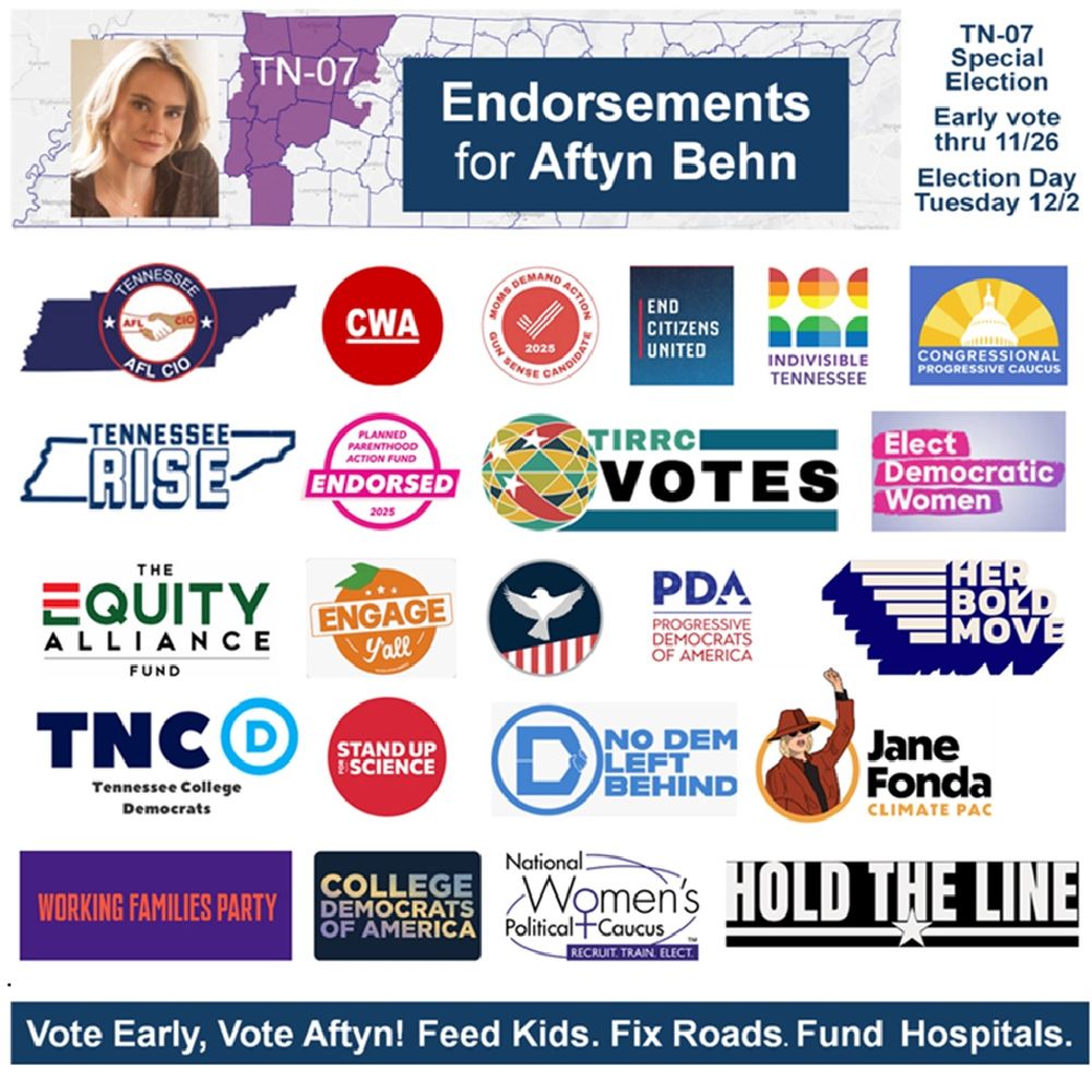 Aftyn Behn is endorsed by Tennessee AFL-CIO, CWA Communications Workers of America, Moms Demand Action, End Citizens United, Indivisible Tennessee, Congressional Progressive Caucus, Tennessee Rise, Planned Parenthood Action Fund, TIRRC Votes, Elect Democratic Women, The Equity Alliance Fund, Engage Y’All, The Political Revolution, Progressive Democrats of America, Her Bold Move, Tennessee College Democrats, Stand Up for Science, No Dem Left Behind, Jane Fonda Climate PAC, Working Families Party, College Democrats of America, National Women’s Political Caucus, and Hold the Line in the TN-07 Special Election. Early vote thru 11/.26. Election Day 12/2. Feed Kids. Fix Roads. Fund Hospitals. Vote Early. Vote Aftyn.