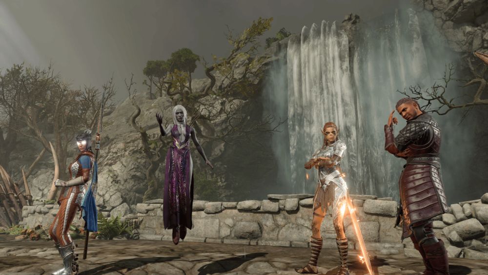 Shadow heart, Lae'zel, Wyll, and a Drow woman on a bridge in act 1. They're posed with photo mode to look badass.