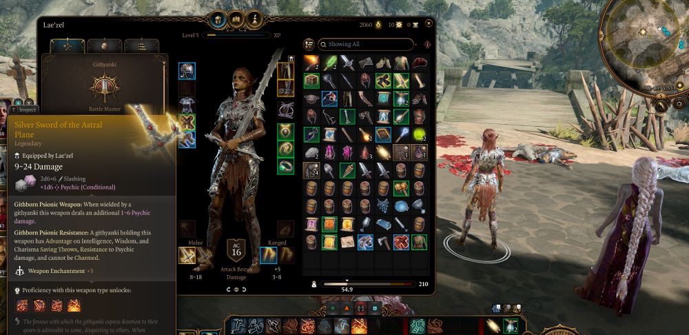 Lae'zel with Voss's legendary silver sword. Usually not obtainable until act 3 without clever Honeyed Paws/Heat Metal tricks. This picture is in act 1, though.