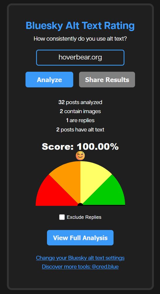 My 100% score on Kate's little alt text rating tool.