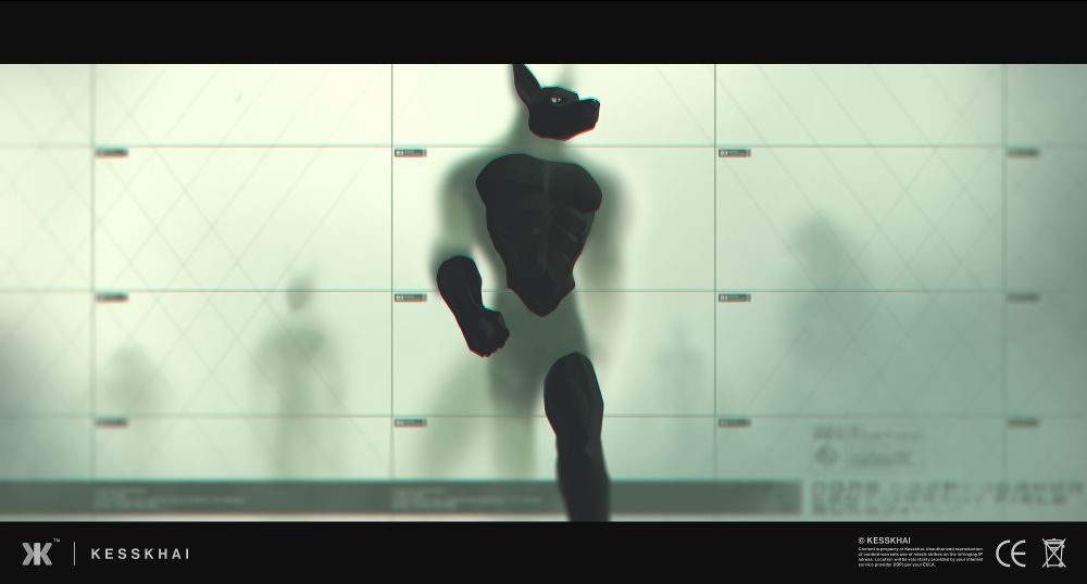 An anthropomorphic Jackal emerges from a frosted glass barrier. Figures behind the barrier are seen walking in the same direction