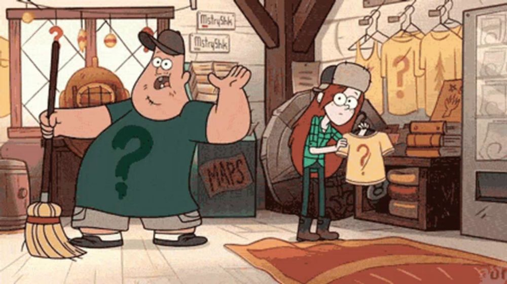 a cartoon shows a man and a girl in a store with a sign that says maps