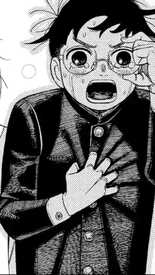 Okarun, crying uncontrollably and clinching his heart with his right hand, is unable to look at Momo Ayase, the love of his life, as he tells her he will make the effort to be a good friend by being the one to come talk to her instead of the other way around that initially started their friendship and adventures before her amnesia that erased all her memories from chapter 1 to chapter 210.  From DanDaDan chapter 213.