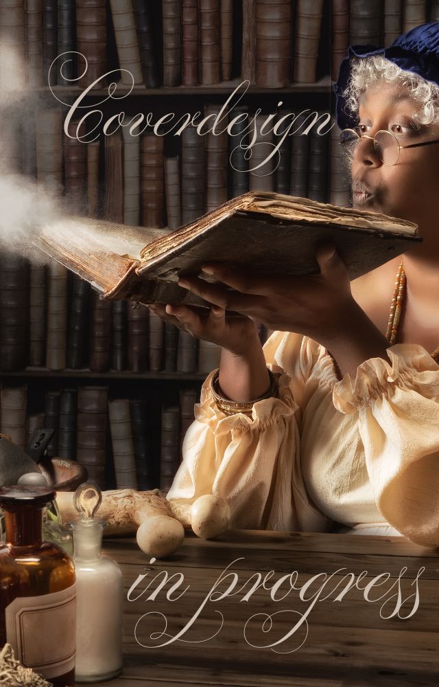 A woman sitting at a desk in an old library, holding an ancient, open tome in her hands and blowing the dust off the pages.