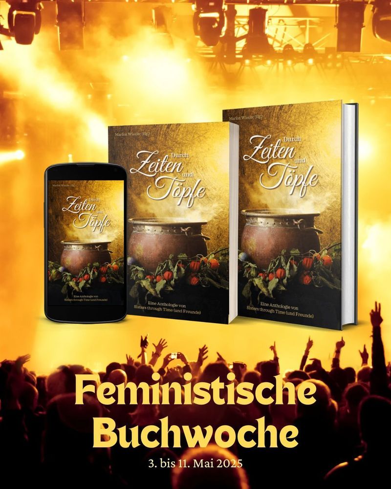 Buchmockups von „Durch Zeiten und Töpfe“ von den Sisters through Time vor einem jubelnden Publikum