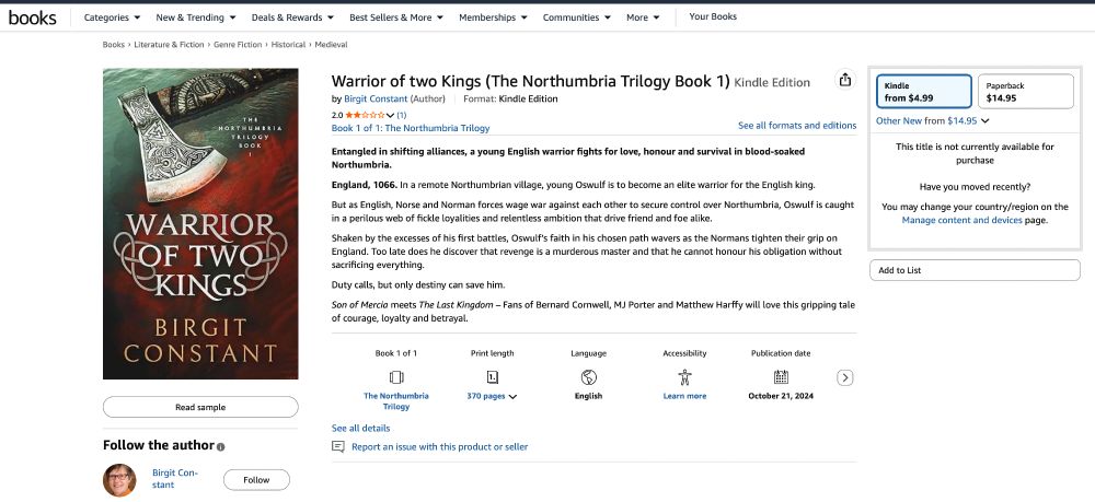 Screenshot of a 2-star Amazon rating for "Warrior of two Kings"