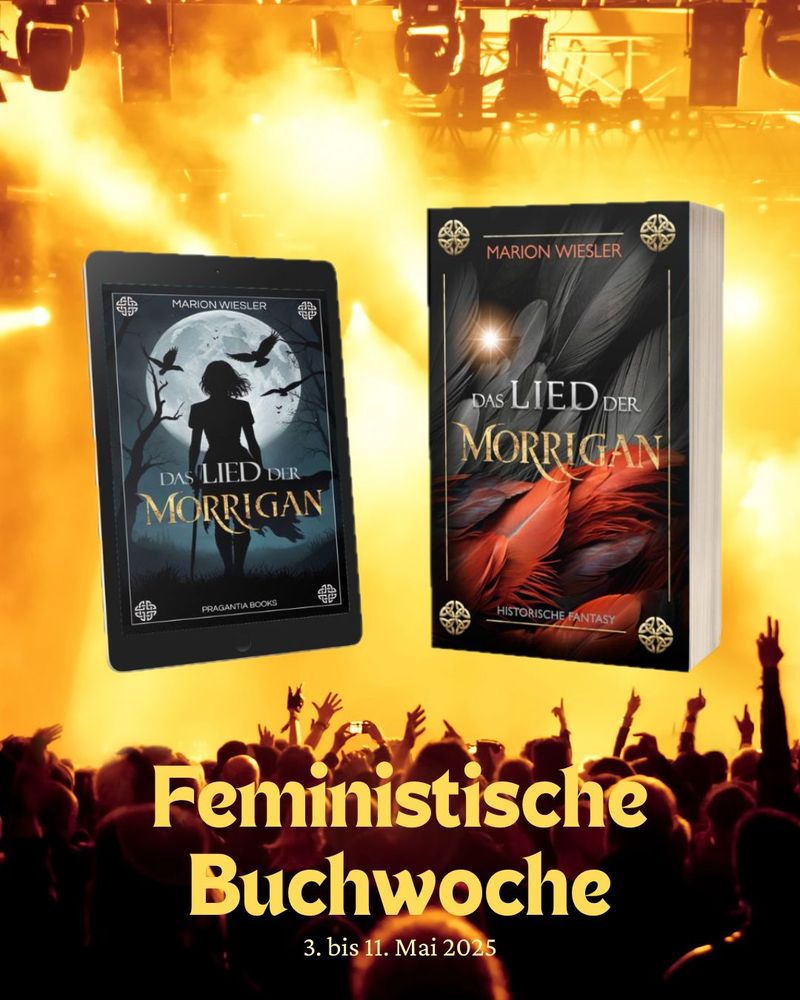 Buchmockups von „Das Lied der Morrigan“ von Marion Wiesler vor einem jubelnden Publikum