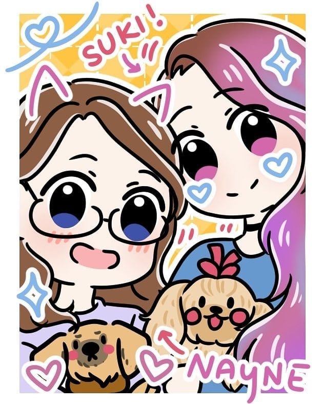 A cartoon version of Stephanie and Jessica with their dogs and gamertags!