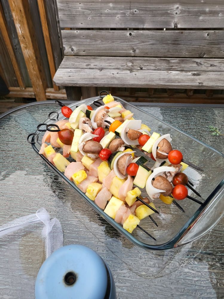 Some chicken pineapple and vegetable skewers