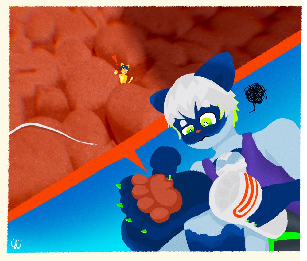 ciro, a navy and light blue cat prods at his paw after removing a slide sandal. a cutaway zoom panel shows an extreme closeup of the paw pad, with jojo, a yellow cat stuck inside a crevice while shocked at the massive shadow produced by ciro's finger.