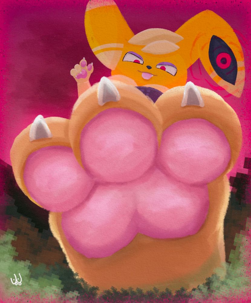 jojo, a shiny yellow meowstic, towers above. a psychic eye is reveal from one ear, causing you to use the move minimize… repeatedly! with a red aura surrounding, the meowstic descends their plump paw over you as you dwindle.