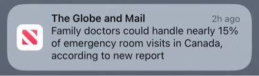 Globe and Mail article: family doctors could handle nearly 15% of emergency room visits in Canada. 