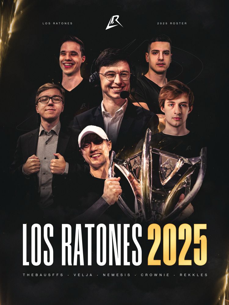 Caedrel’s League Team Los Ratones roster announcement, with professional photos of each player, including a picture of Rekkles lifting the Worlds trophy as the substitute for T1 this year.