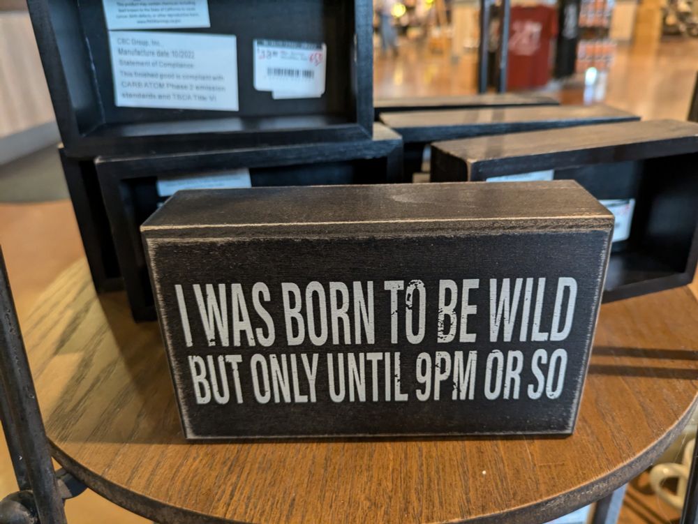 A plaque with white block lettering on a black background that says, "I was born to be wild, but only until about 9 pm or so."