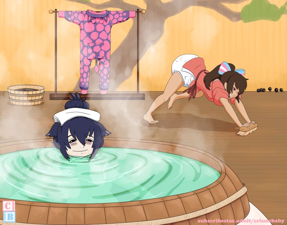Title: Bathhouse Babs

Description: Codi is relaxing in a large, warm bath while a padded and frustrated Crissie continues to scrub the floor behind her. Codi's onesie is strung up on an Emonkake (a long, wooden pole used for hanging Kimonos)near the back wall.

Bottom Link: https://subscribestar.adult/crissiebaby