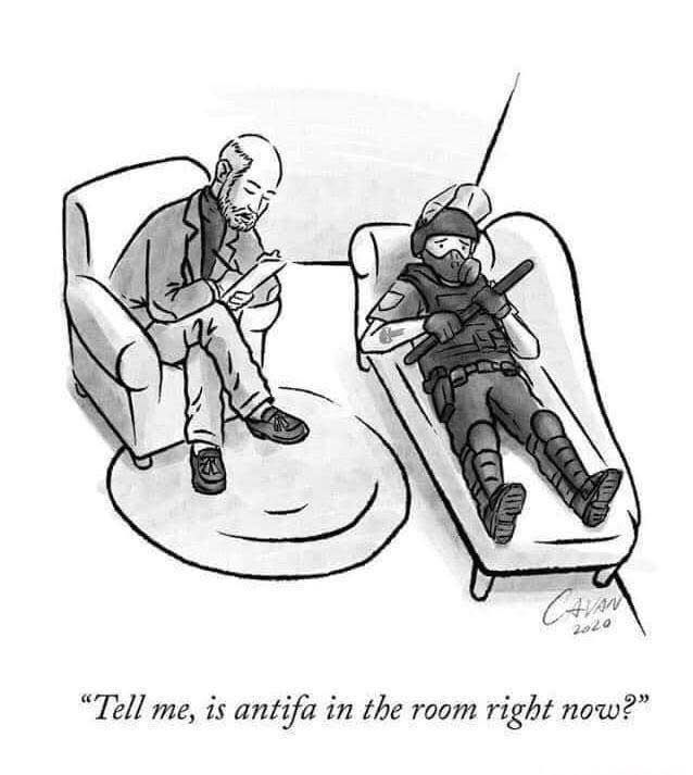 A black and white cartoon with an ICE thug on a psychiatrist's couch,

"Tell me, is antifa in the room right now?"