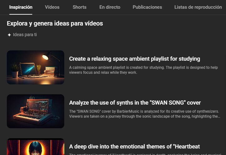 Screenshot of the "Inspiration" Tab on YouTube Studio, which drops content ideas using AI generation fed by your own content