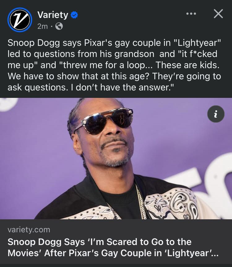 Snapshot of Snoop Dogg on Variety magazine saying Pixar's gay couple in 
