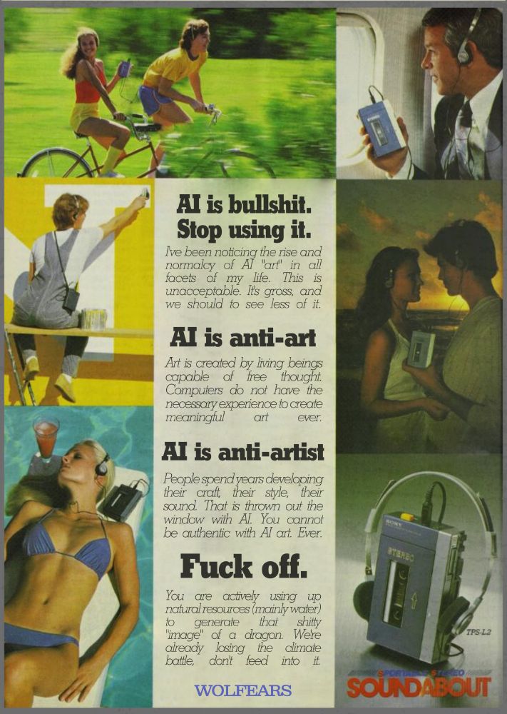 (Vintage walkman ad)
AI is bullshit. Stop using it.
I've been noticing the rise and normalcy of AI "art" in all facets of my life. his is unacceptable. It's gross, and we should see less of it.

AI is anti-art
Art is created by living beings capable of free thought. Computers do not have the necessary experience to create meaningful art ever.

AI is anti-artist
People spend years developing their craft, their style, their sound. That is thrown out the window with AI. You cannot be authentic with AI art. Ever.

Fuck off.
You are actively using up natural resources (mainly water) to generate that shitty "image" of a dragon. We're already losing the climate battle, don't feed into it.

wolfears