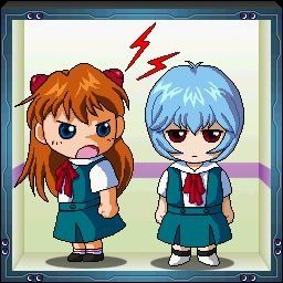 Asuka and Rei in an elevator chibi style