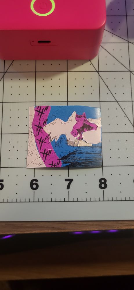 Finished multicolor thermal printed eva unit 02. Pinks blues and whites, with the battleship the eva is standing on in silver and crumpled