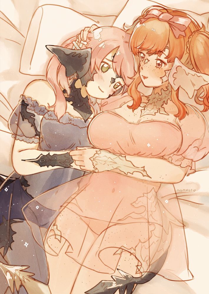 a digital illustration of two au ra from final fantasy xiv. they are both snuggling in bed with happy, peaceful expressions. they both wear lingerie dresses.