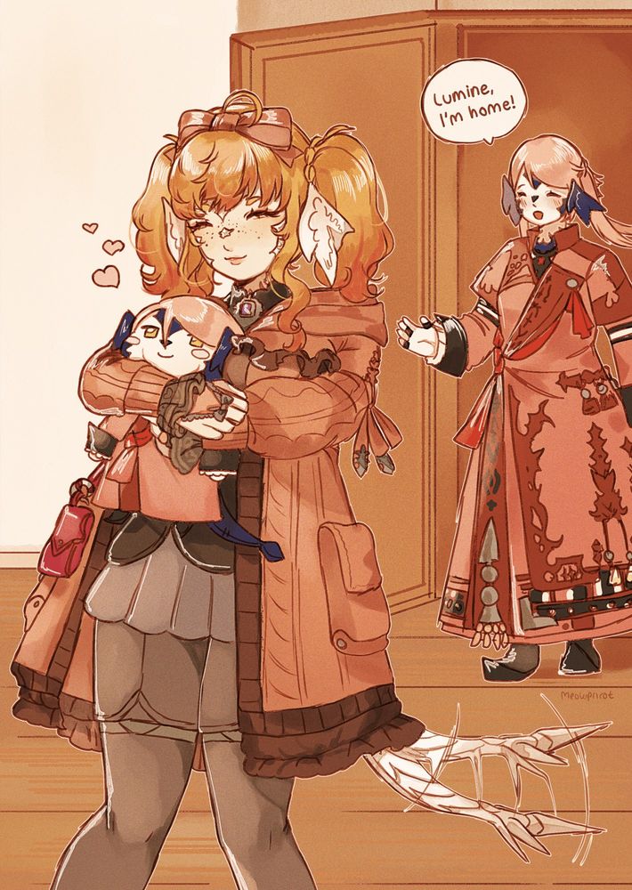 illustration of an au ra cuddling a plushie of the FFXIV NPC cirina. cirina happens to enter the room at the same time, saying "lumine, i'm home!"