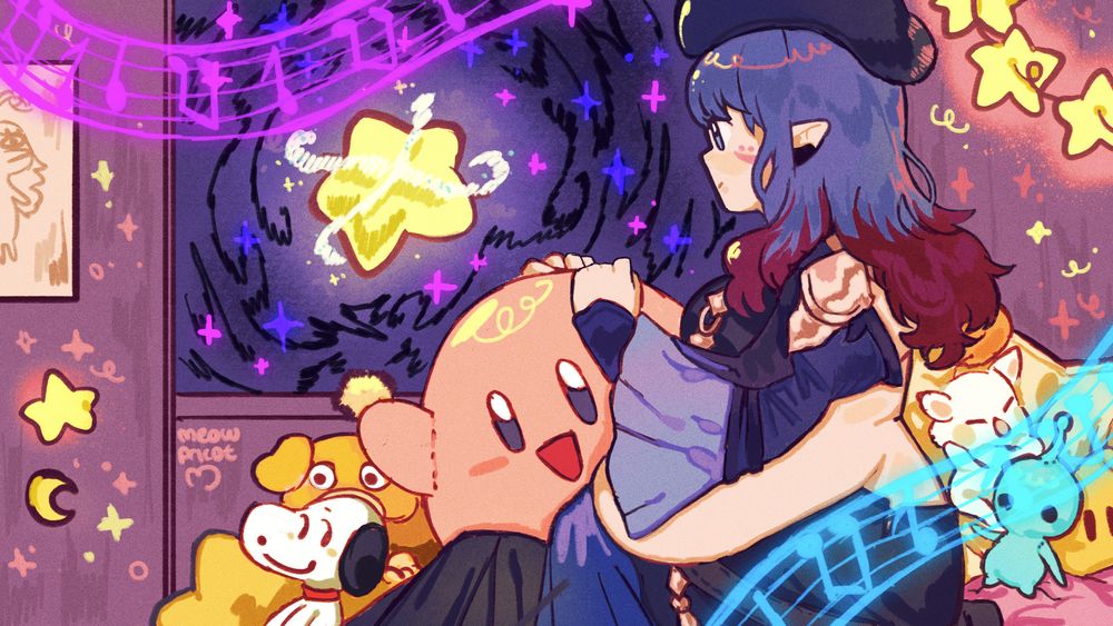 digital illustration of a fat woman sitting in a cozy room. she looks out the window to a starry sky, with a big star-shaped planet as the main focus. in her room are lots of plushies, with a big kirby plushie that she holds on to.