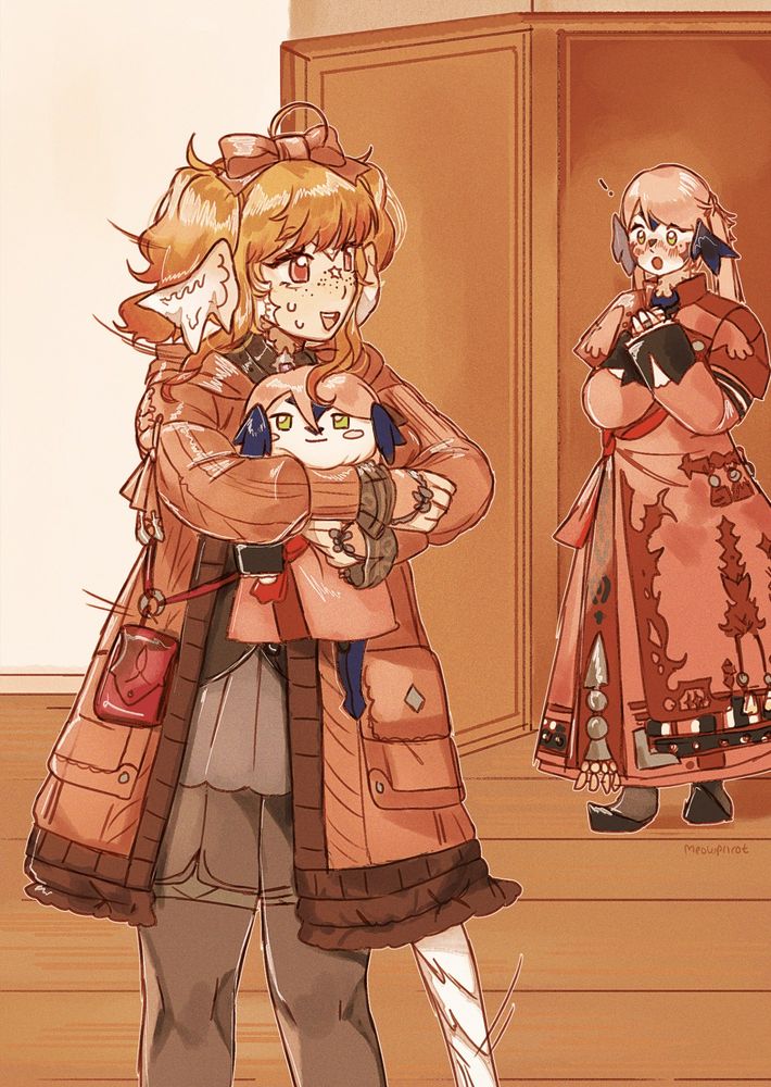 illustration of an au ra cuddling a plushie of the FFXIV NPC cirina. now being caught by the real cirina, turning to face her with an awkward expression.