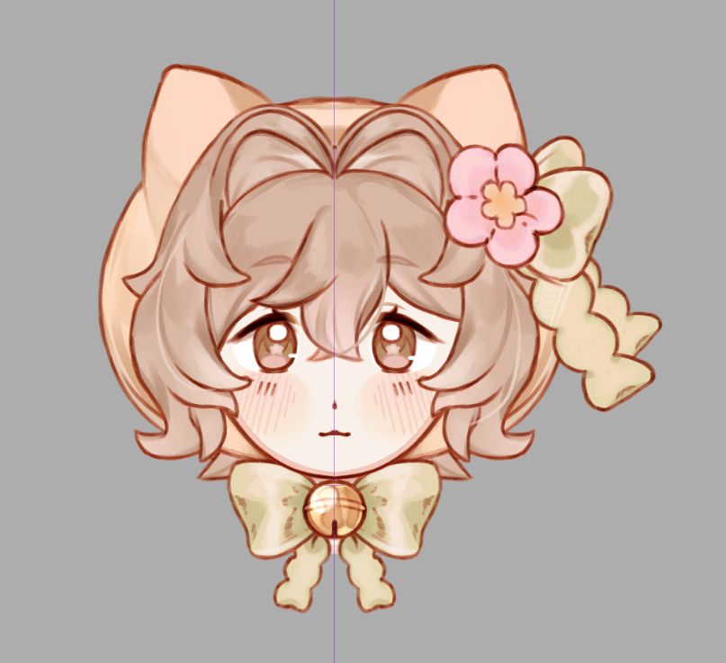 screenshot of a vtuber wip. the vtuber is a cat kemonomimi wearing an apricot-coloured hood, with a green ribbon on their neck.