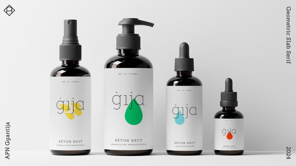 Cosmetic bottle labels showcasing various styles of APN Ggantija