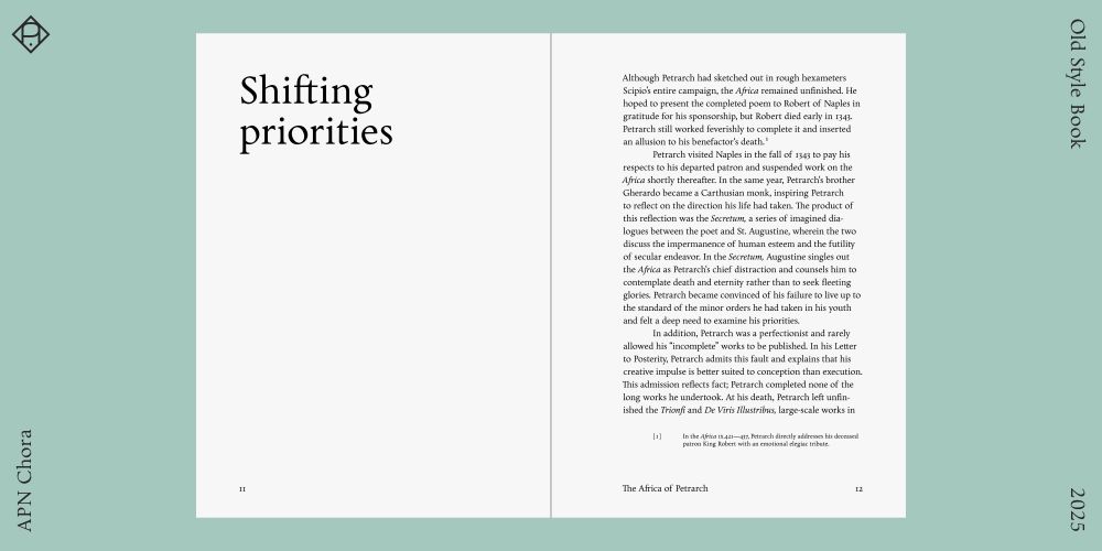 Book spread showcasing the styles of APN Chora