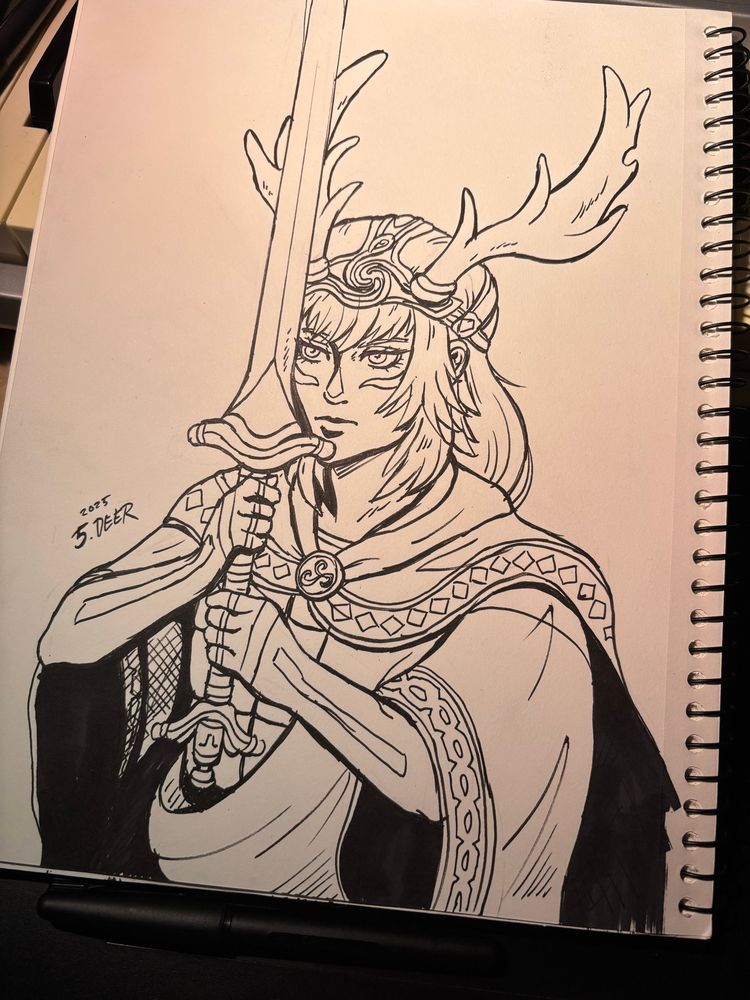 Ink drawing of Fionn mac Cumhaill from Shin Megami Tensei series