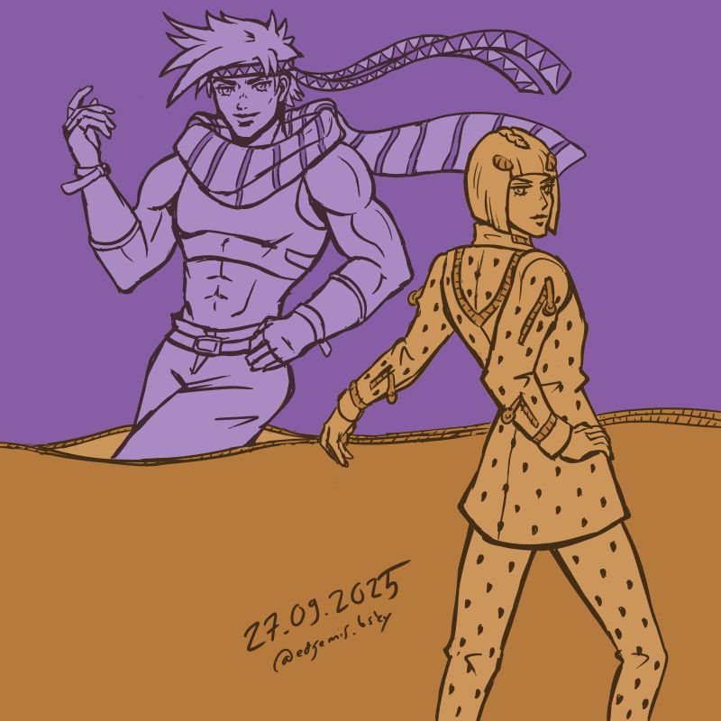 Simple digital drawings of Joseph Joestar and Bruno Bucciarati from JoJo's Bizarre Adventure.