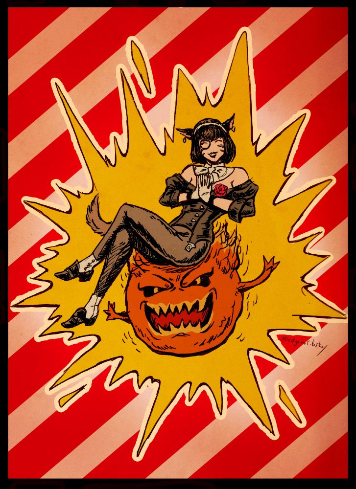 Digitally clored ink drawing of Nashu Mhakaracca from Final Fantasy 14 sitting on a bomb nonchalantly