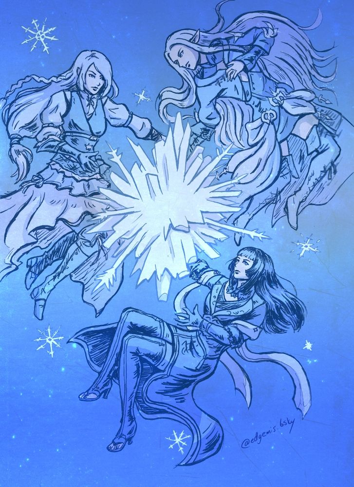 Digitally colored ink drawing of Jill Warrick from Final Fantasy 16, Ysayle from Final Fantasy 14 and Gentiana from Final Fantasy 15, floating around a crystal of ice.