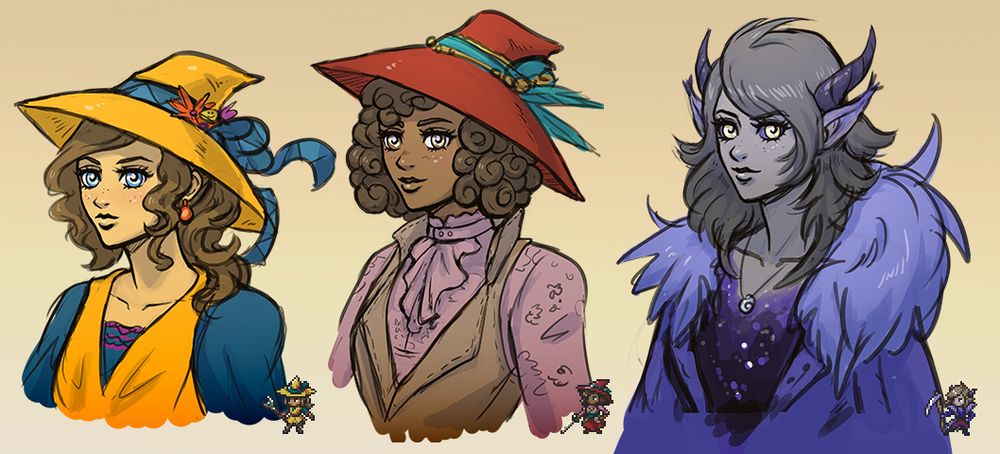 Bust sketches of two witches and a demon-like woman.
